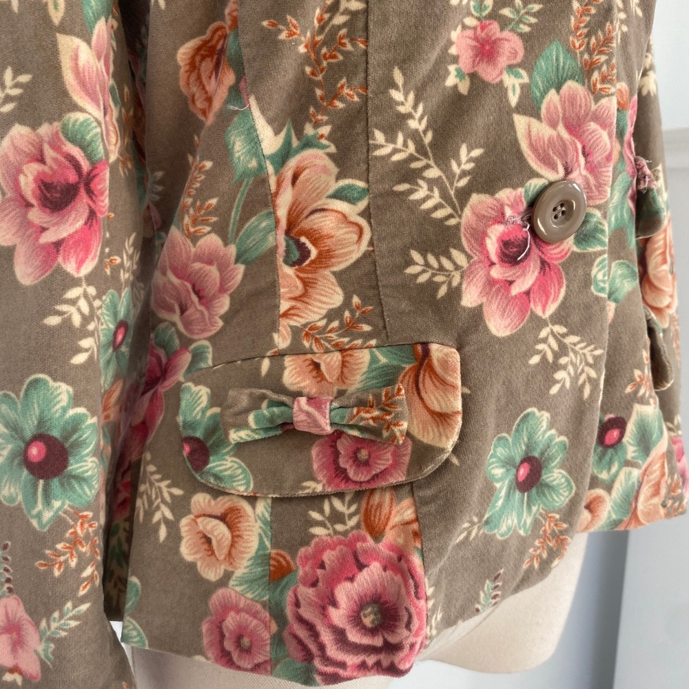 NWT Vintage Y2K Floral Corduroy Blazer Lace Trim Bows Beige 4 XS - Picture 4 of 15
